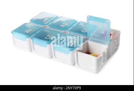 Plastic box for pills isolated on white Stock Photo