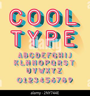 Cool isometric font vector illustration. Set of unique decorative pink 3D type, capital calligraphic alphabet letters and numbers with shadow isolated on background. Latin type modern or retro design Stock Vector