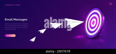 Email message service, isometric concept vector illustration. Flying paper planes and dartboard, information hits target, ultraviolet web page for email marketing company, sending notifications Stock Vector