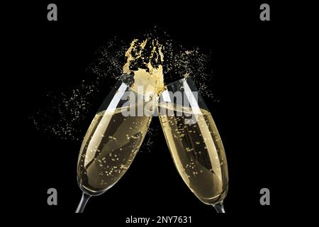 Clinking glasses of sparkling wine with splash on black background Stock Photo