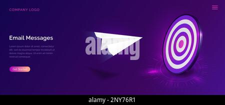 Email message service, isometric concept vector illustration. Flying paper plane and dartboard, information hits target, ultraviolet web page for email marketing company, sending notifications Stock Vector