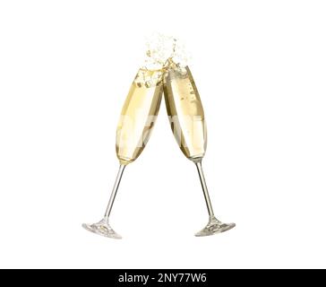 Clinking glasses of sparkling wine with splash on white background Stock Photo