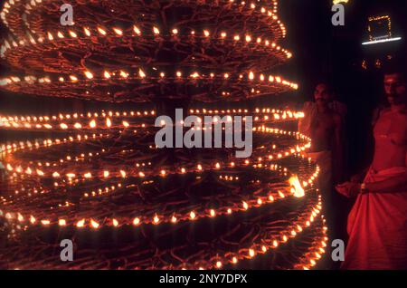 Big temple lamp in India. The 1000 wich oil lamp in the Chettikulangara Bhagavathi temple in the Alappuzha district of Kerala, South India, India Stock Photo