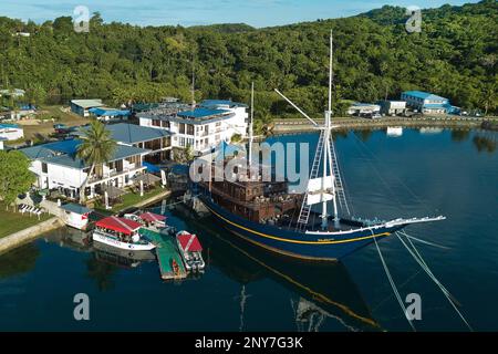 Restaurant ship manta ray (Manta) Ray Bay Resort, antique junk, Colonia, Yap, Federated States of Micronesia, Oceania Stock Photo