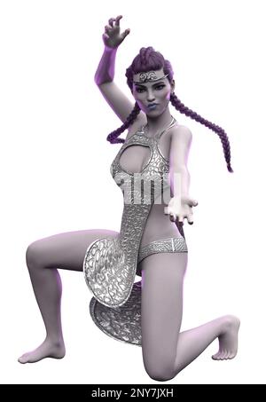 Fantasy girl with purple braided hair wear silver outfit, 3D Illustration. Stock Photo