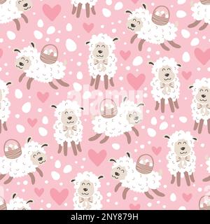 pink easter patterns with cute easter sheep Stock Vector