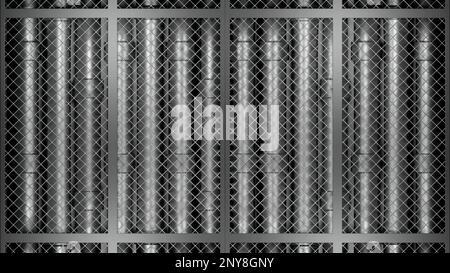 Abstract rows of metal pipes behind metal grid. Design. Abstract industrial background with silver tubes behind the fence Stock Photo