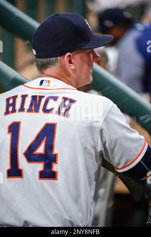 HOUSTON, TX - SEPTEMBER 20: Houston Astros second baseman Mauricio Dubon  (14) hits a walkoff single in the bottom of the 9th during the baseball  game between the Baltimore Orioles and Houston