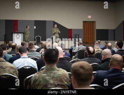 Col. Kelly Sams, AFIMSC vice commander, and Chief Master Sgt. Edgard Castillo, interim AFIMSC command chief master sergeant, share information about the center’s mission and capabilities during the 2023 Innovation Industry Days at the Henry B. Gonzalez Convention Center Jan. 26, 2023. More than 2,000 small business, academic and government officials gathered in San Antonio for the networking and educational event designed to boost collaboration and identify solutions to Department of the Air Force problems. Stock Photo