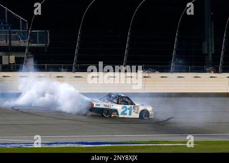 Johnny Sauter, ISMConnect Chevrolet Silverado celebrates his win with a  burnout at the NASCAR Truck Series TheHouse.com 225 race at Chicagoland  Speedway, Friday, September, 15, 2017, in Joliet, Ill. (Russell  LaBounty/NKP via