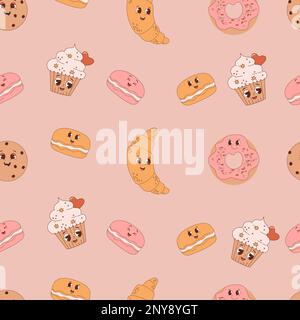Retro seamless pattern. Groovy cartoon cakes cupcake, donuts, Macaron and croissant on light background. Vector Illustration for wallpaper, design, te Stock Vector