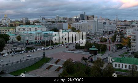 Aerial view of a cityscape with a traffic jam on the road. Stock footage. Beautiful city center Stock Photo