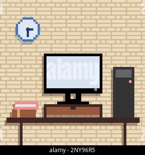 Brick wall Office Workspace. Computer on desk. Working room with Pc Stock Vector