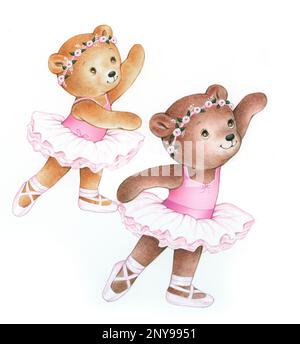 Ballet-2 teddies in pink tutus poses on whitepg Stock Photo