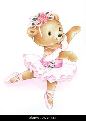 Ballet-Teddy in pose costume pink on white Stock Photo