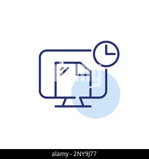 Monitor desktop PC with file and clock. Working hour schedule. Pixel perfect, editable stroke line icon Stock Vector