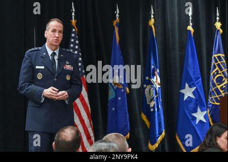 Lt. Gen. Shaun Q. Morris, Air Force Life Cycle Management Center commander, delivers the State of AFLCMC address in Burlington, Mass., Jan. 23. During the in-person event, which was hosted by the Lexington-Concord Chapter of AFCEA, Morris outlined how his priorities fit within the Chief of Staff of the Air Force’s ‘Accelerate Change or Lose’ campaign. Stock Photo