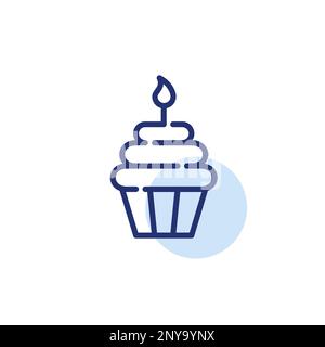 Cupcake with a birthday candle. Festive bakery treat. Pixel perfect, editable stroke line icon Stock Vector