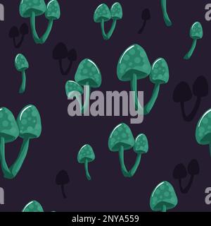 Amanita mushroom seamless pattern design - cute red mushrooms with white dots on green background. Stock Vector