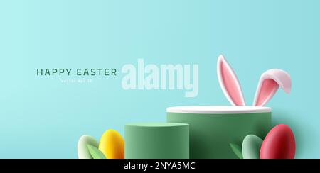 Spring Easter podium, green cylinder pedestal with colourful eggs and bunny ears, spring product placement background Stock Vector