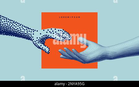 Hands reaching towards each other in ñoarse and fine style. Concept of human relation, togetherness or partnership. Model with stipple effect. 3D vect Stock Vector