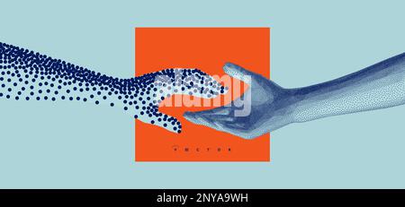Hands reaching towards each other in ñoarse and fine style. Concept of human relation, togetherness or partnership. Model with stipple effect. 3D vect Stock Vector