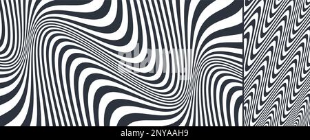 Wavy pattern with optical illusion. Black and white design. Abstract striped background. 3d vector illustration. Stock Vector
