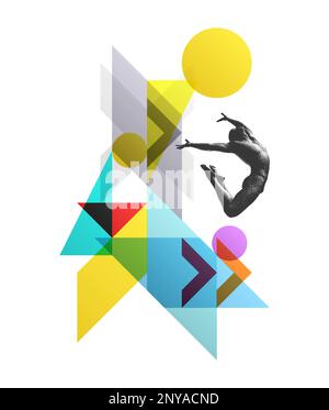Art composition. Jumping man. Gymnastics activities for icon health and fitness community. Transparency geometrical background. Cover design template Stock Vector