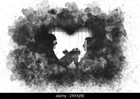 Watercolor silhouettes of happy parents, father and mother holding newborn baby by the window, heart shaped Stock Photo