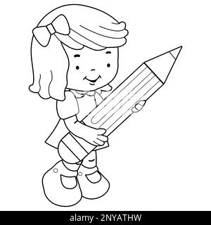 Little girl student holding a big pencil. Black and white coloring page Stock Photo