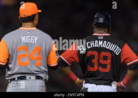 CHICAGO, IL - AUGUST 26: Chicago White Sox shortstop Tim Anderson (7) and  Chicago White Sox infielder Tyler Saladino (20) stand side by side in their players  weekend jersey in the 5th