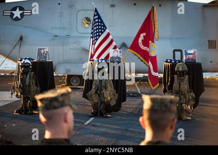 In this Aug. 9, 2017, photo released by the U.S. Navy, a sunset memorial is held to honor and remember 1st Lt. Benjamin Cross, Cpl. Nathaniel Ordway and Pfc. Ruben Velasco, attached to the 31st Marine Expeditionary Unit (MEU), on the flight deck of the amphibious assault ship USS Bonhomme Richard. The three Marines lost their lives when an MV-22B Osprey, assigned to Marine Medium Tiltrotor Squadron, 31st MEU, experienced a mishap on Aug. 5, 2017. Various law enforcement agencies joined a procession Saturday, Aug. 26, 2017 for Pfc. Ruben Velasco, a Southern California Marine who died with two o