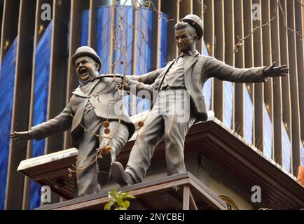 Statues in Leicester Square, London depicting the comic duo of Stan Laurel and Oliver Hardy. Stock Photo
