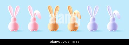 Easter bunny toy round sphere minimalist shape 3d icon set, vector illustration. Glossy rabbit bauble Christianity religious holiday celebration baubl Stock Vector