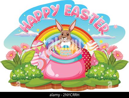 Happy Easter Day with Cute Bunny and Colourful Eggs illustration Stock Vector