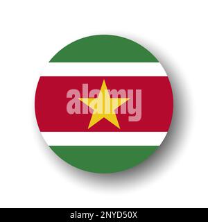 Suriname flag - flat vector circle icon or badge with dropped shadow. Stock Vector