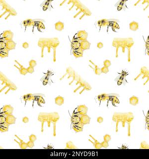 Watercolor pattern of honey and bees. Hand drawn and isolated on white ...