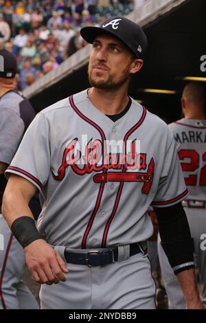 Atlanta Braves left fielder Lane Adams wears a jersey sporting a