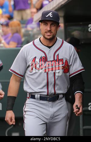 Atlanta Braves left fielder Lane Adams wears a jersey sporting a