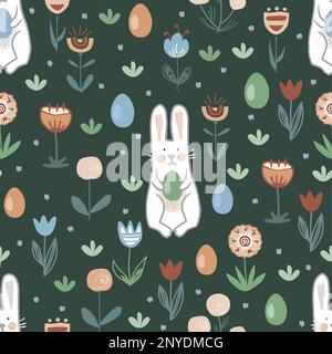 Hand drawn bunnies, Easter eggs and doodle flowers on dark green background. Vector seamless pattern in Scandinavian style Stock Vector