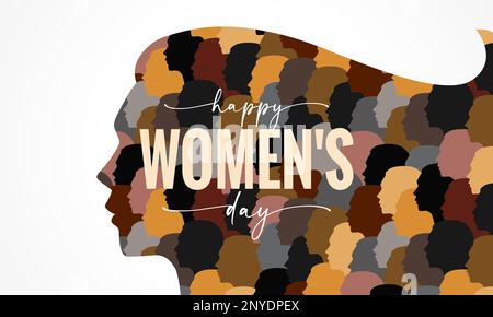 Happy Womens Day, banner with woman face silhouette. Concept  for March 8th, International Women's Day with female different faces in profile of girl Stock Vector