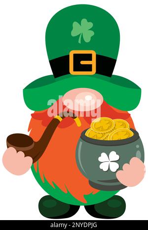 St Patrick s Day gnome is smoking pipe and holding a pot full of gold coins Stock Photo