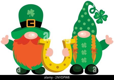 Two St Patrick s Day gnomes holding a lucky horseshoe Stock Photo