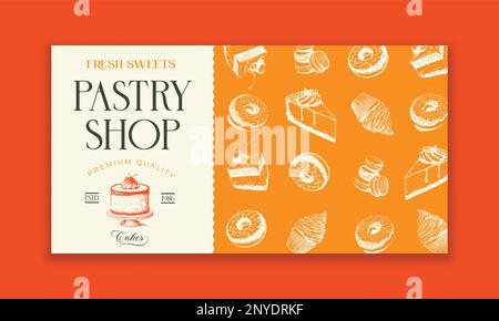 bakery illustration. pastry banner, background, sweets shop landing page template. horizontal border, lace frame with desserts and place for text. for Stock Vector