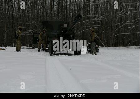 A gun team from the 1-120th Field Artillery Regiment, Wisconsin Army National Guard, moves a M119 howitzer during Northern Strike 23-1, Jan. 21, 2023, at Camp Grayling, Mich. The 120th FA is building readiness by conducting cold-weather training designed to meet objectives of the Department of Defense’s arctic strategy. Stock Photo