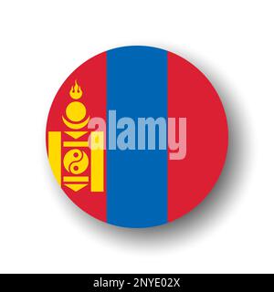 Mongolia flag - flat vector circle icon or badge with dropped shadow. Stock Vector