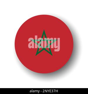 Morocco flag - flat vector circle icon or badge with dropped shadow. Stock Vector