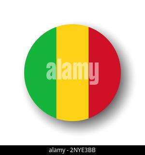 Mali flag - flat vector circle icon or badge with dropped shadow. Stock Vector