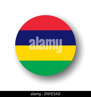 Mauritius flag - flat vector circle icon or badge with dropped shadow. Stock Vector