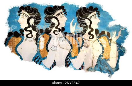Minoan ladies mural wall painting fresco ancient Knossos Crete Greece, isolated, rough plaster edges Stock Photo